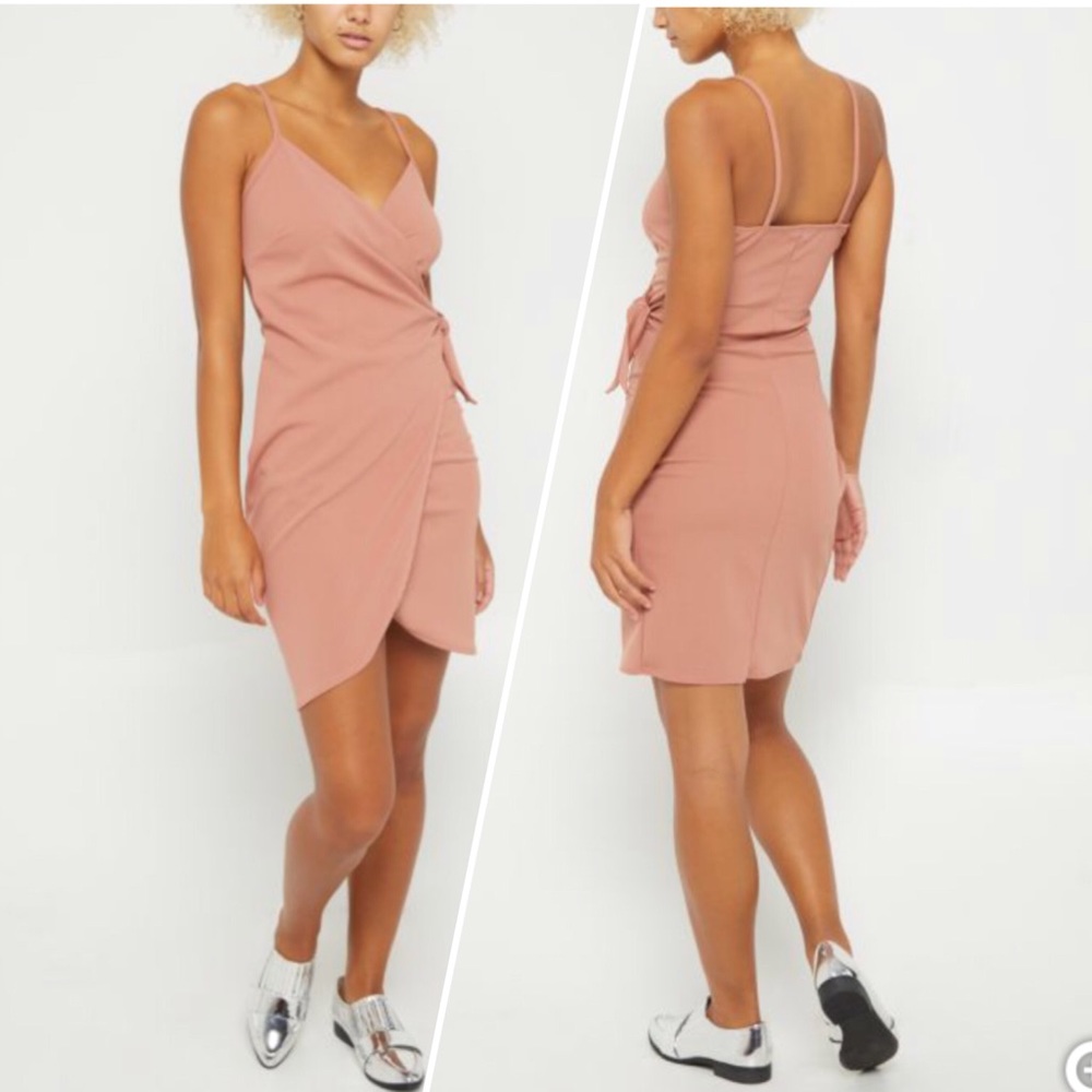 Nude pink knotted wrap dress